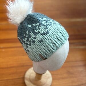 Handknit Merino Wool Beanie: Two-Tone Green Ombre with Faux Fur Pom